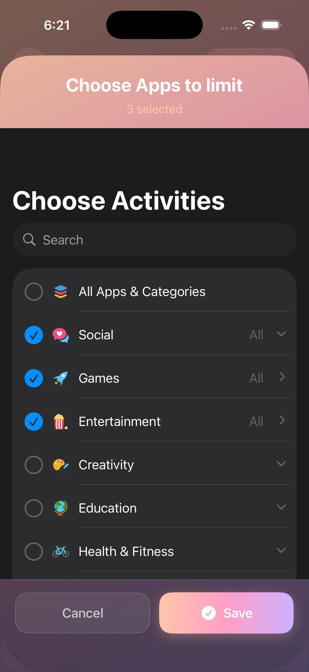App Blocking Selection